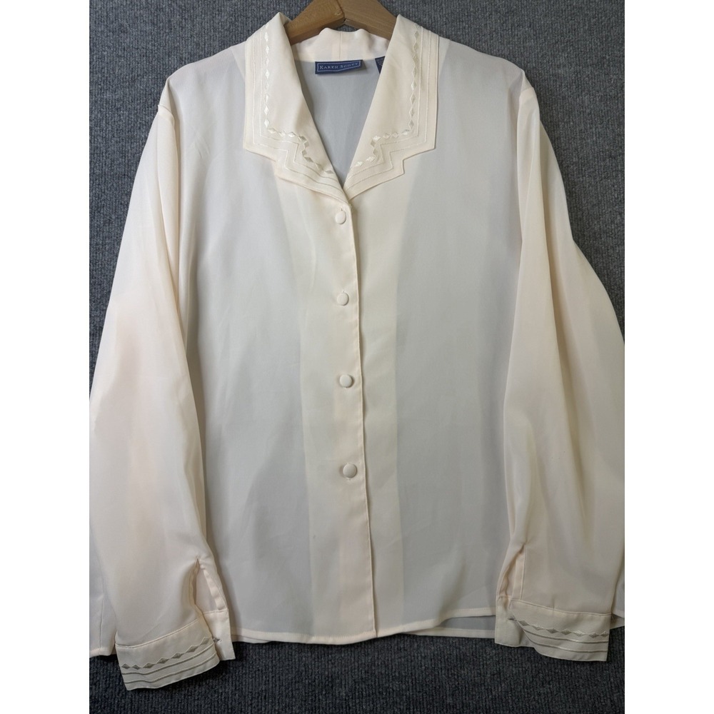 Karen Scott Womens Cream Blouse Size 18 Button Front Long Sleeve Sheer‎